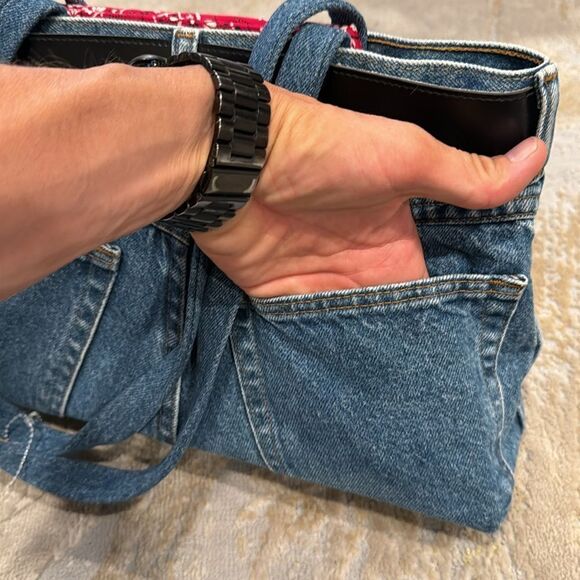 Denim bag made out of real jeans with bandana lining and real belt magnetic clos - Picture 3 of 10